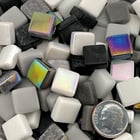 Obsidian Storm Mix recycled glass mosaic tiles in glossy and iridized dark storm tones