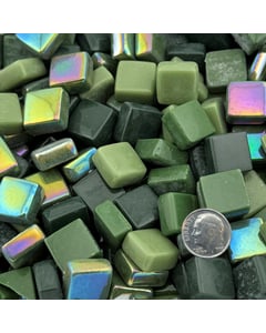 Forest Canopy Mix recycled glass mosaic tiles in glossy and iridized forest green tones