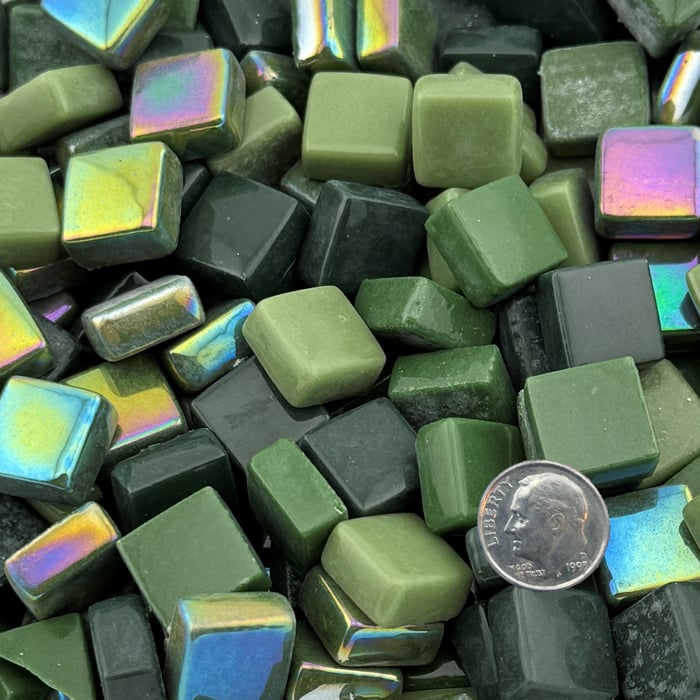 Forest Canopy Mix recycled glass mosaic tiles in glossy and iridized forest green tones