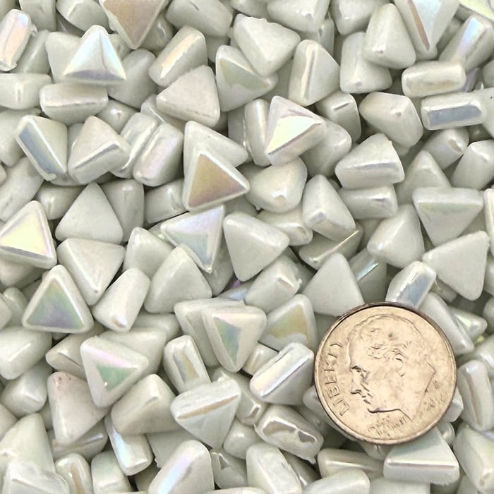 Sweetie White Iridized triangle tiles, 10mm recycled glass mosaic 